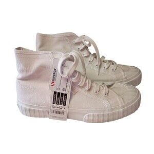 Superga Womens 6.5 Lace Up Platform High Top Sneakers White Canvas Italian
